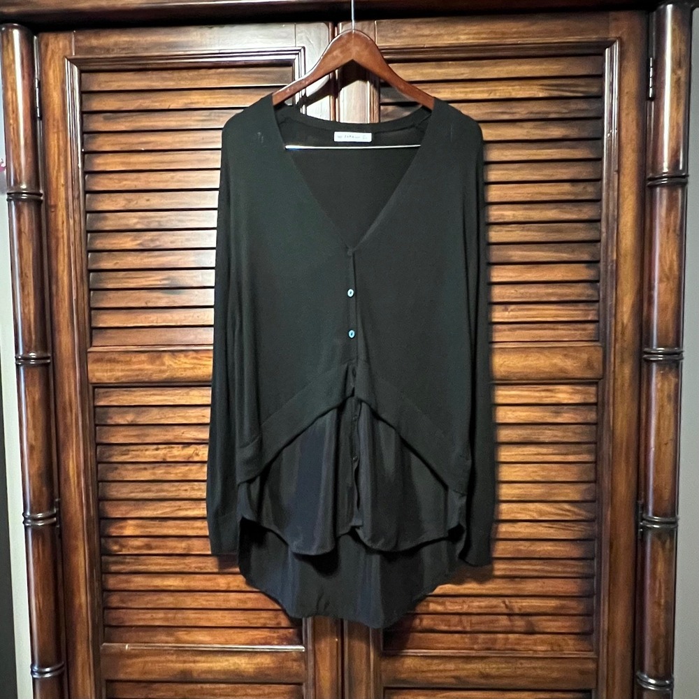 Zara Knit Black Layered Mixed Media Button up Cardigan Deep V-Neck High Low Lg